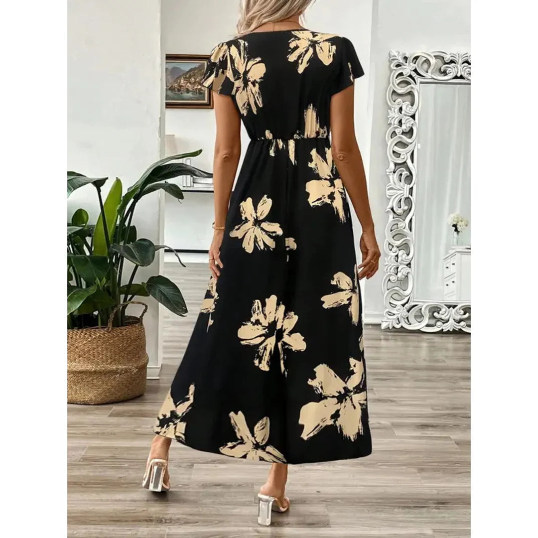 Odessa – Elegante vestido largo con estampado de follaje
